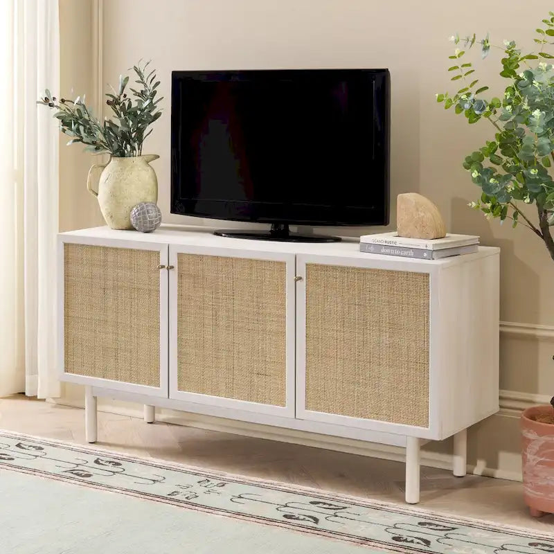 Madia TV 3 ante con inserto in rattan e finitura legno
