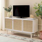 Madia TV 3 ante con inserto in rattan e finitura legno