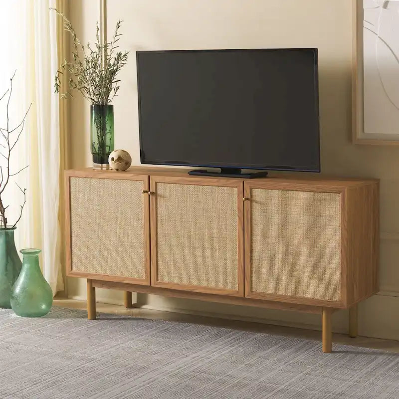 Madia TV 3 ante con inserto in rattan e finitura legno