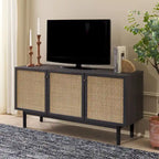 Madia TV 3 ante con inserto in rattan e finitura legno