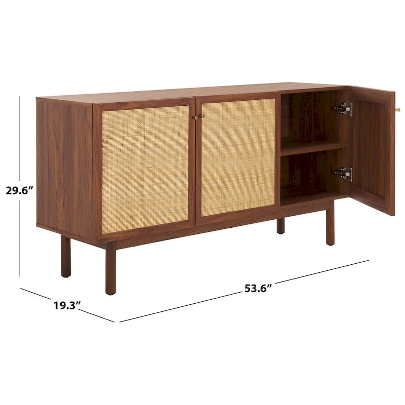 Madia TV 3 ante con inserto in rattan e finitura legno