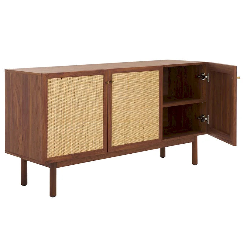Madia TV 3 ante con inserto in rattan e finitura legno