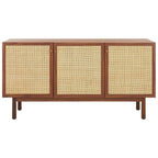 Madia TV 3 ante con inserto in rattan e finitura legno