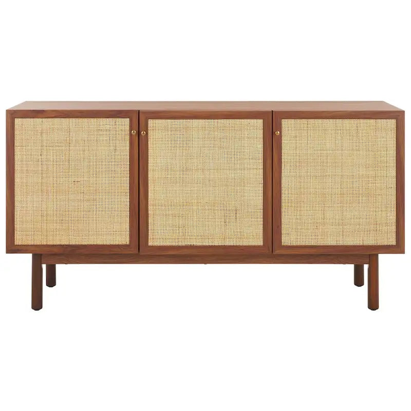 Madia TV 3 ante con inserto in rattan e finitura legno