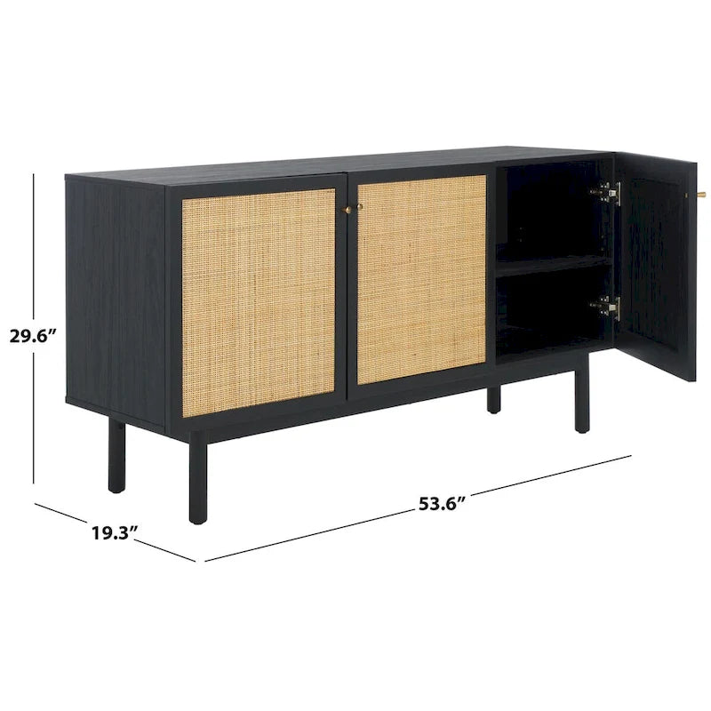 Madia TV 3 ante con inserto in rattan e finitura legno