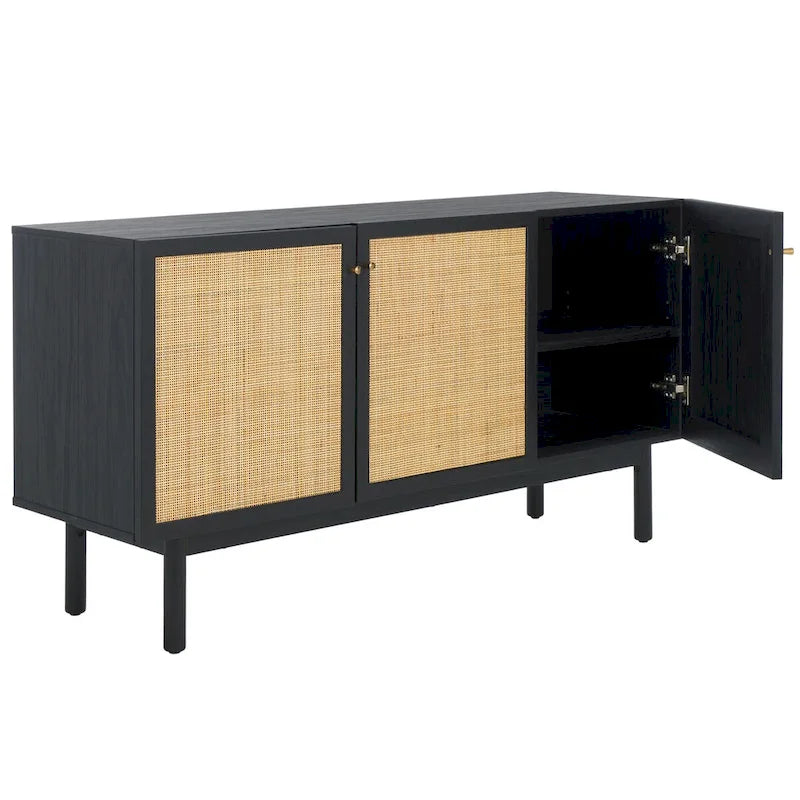 Madia TV 3 ante con inserto in rattan e finitura legno