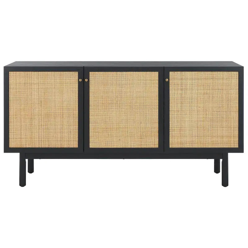 Madia TV 3 ante con inserto in rattan e finitura legno