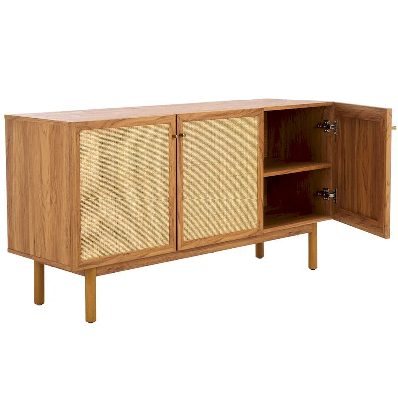 Madia TV 3 ante con inserto in rattan e finitura legno