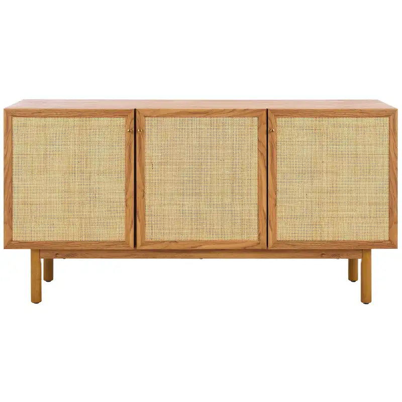 Madia TV 3 ante con inserto in rattan e finitura legno