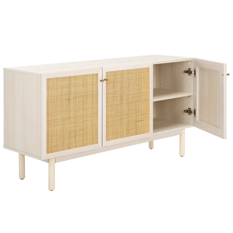 Madia TV 3 ante con inserto in rattan e finitura legno